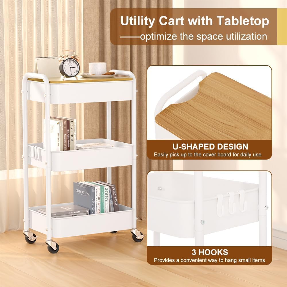3 Tier Metal Utility Cart, Rolling Storage Cart with Wooden Tabletop, Metal Organizer Cart with