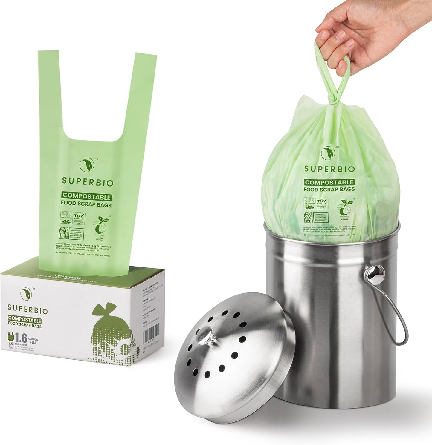 SUPERBIO 1.6 Gallon Handle Tie Compostable Food Scrap Bags For Counter Top Compost Bin, Small