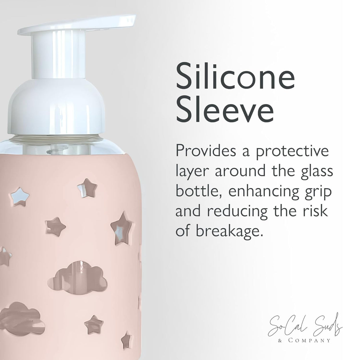 SoCal Suds & Company Glass Foaming Hand Soap Dispenser, Soft Grip Silicone Sleeve, Refillable Pump