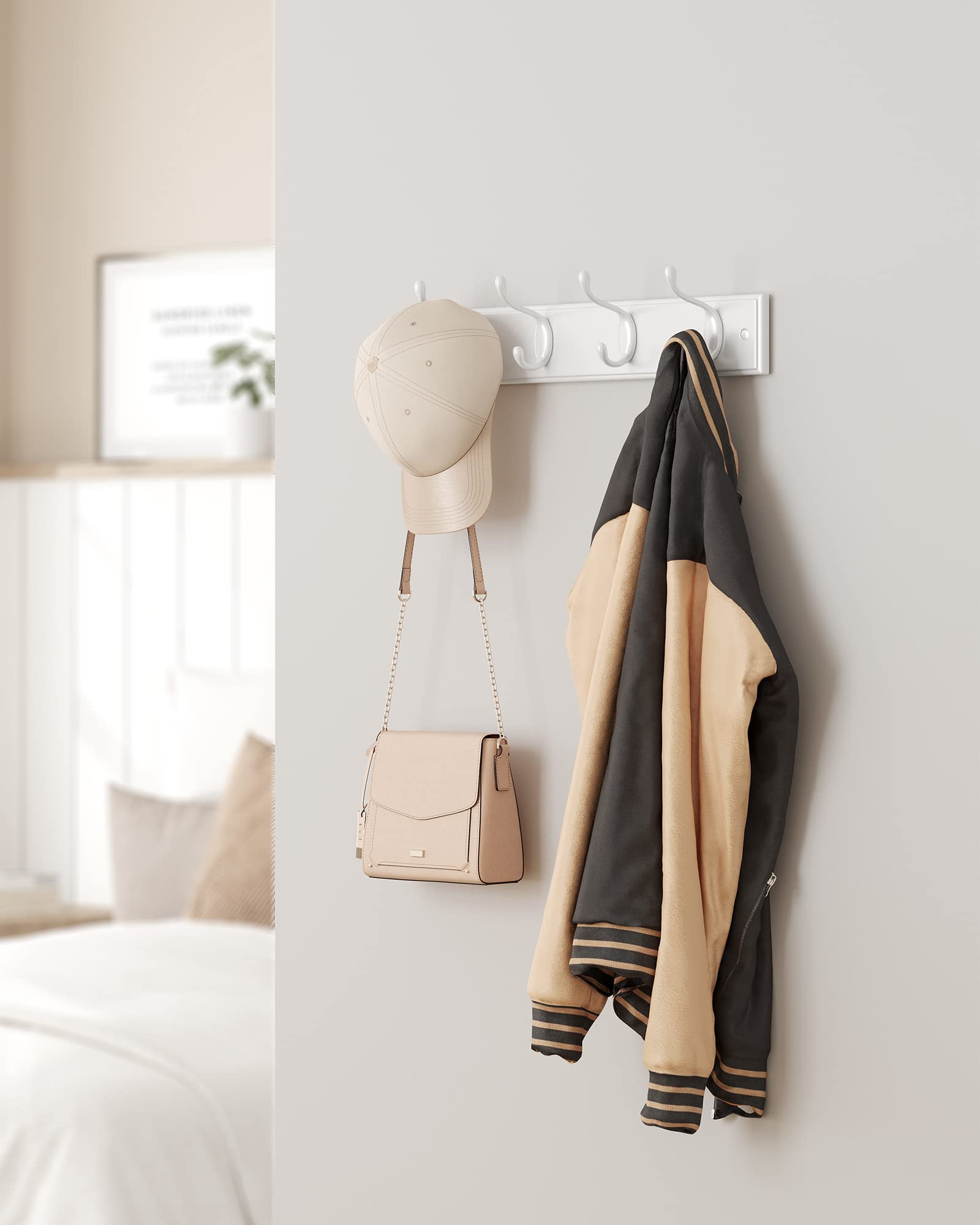 SONGMICS Wall-Mounted Coat Rack, Hook Rack, 4 Dual Metal Hooks, White