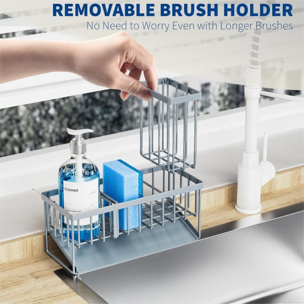 Cisily Sink Caddy Organzier with High Brush Holder, Sponge Holder for Sink, 304 Rustproof