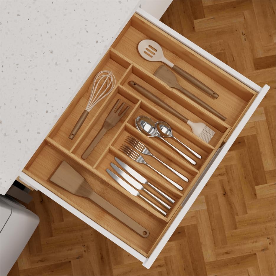BAMEOS 3.9inch Tall Bamboo Drawer Organizer, Expandable Utensil Holder with 8 Compartments