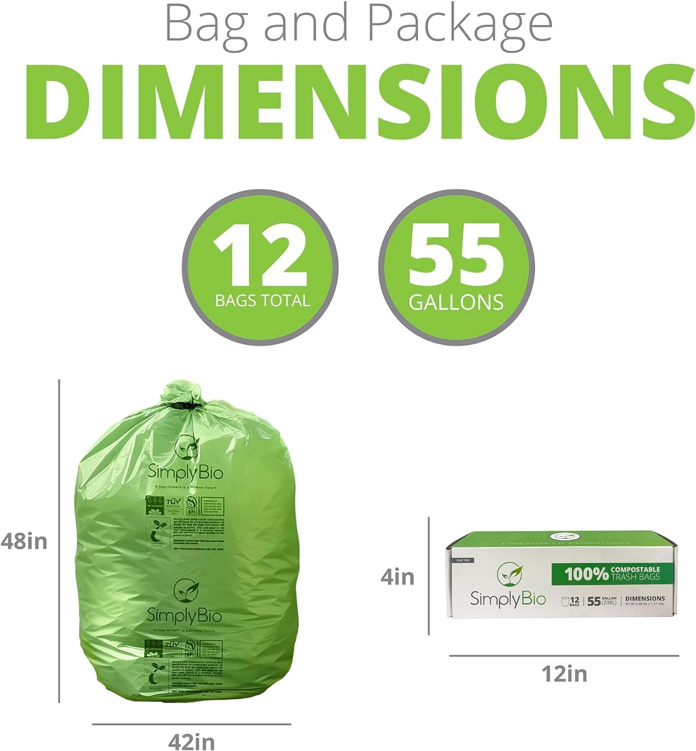 50-55 Gallon Compostable Trash Bags Flat-Top, Heavy Duty Extra Thick 1.57 Mil, 208.2 Liter, 12