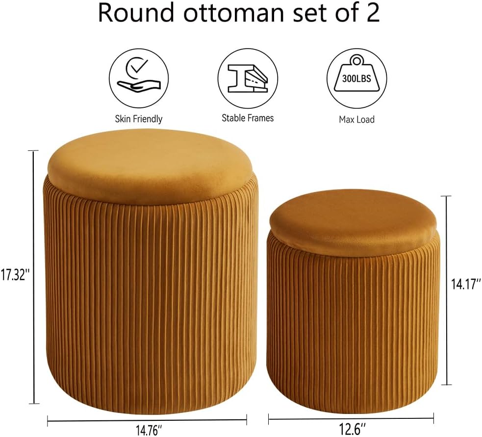 Round Ottoman with Storage Set of 2-Upholstered Velvet Vanity Stool for Makeup Multifunctional
