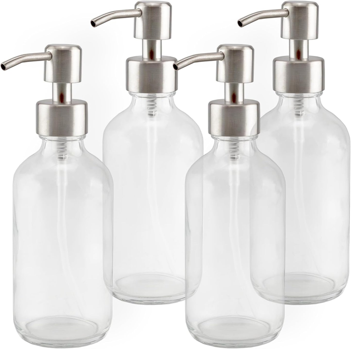 Cornucopia Brands 8-Ounce Clear Glass Boston Round Bottles w/Stainless Steel Lotion Pumps (4-Pack);