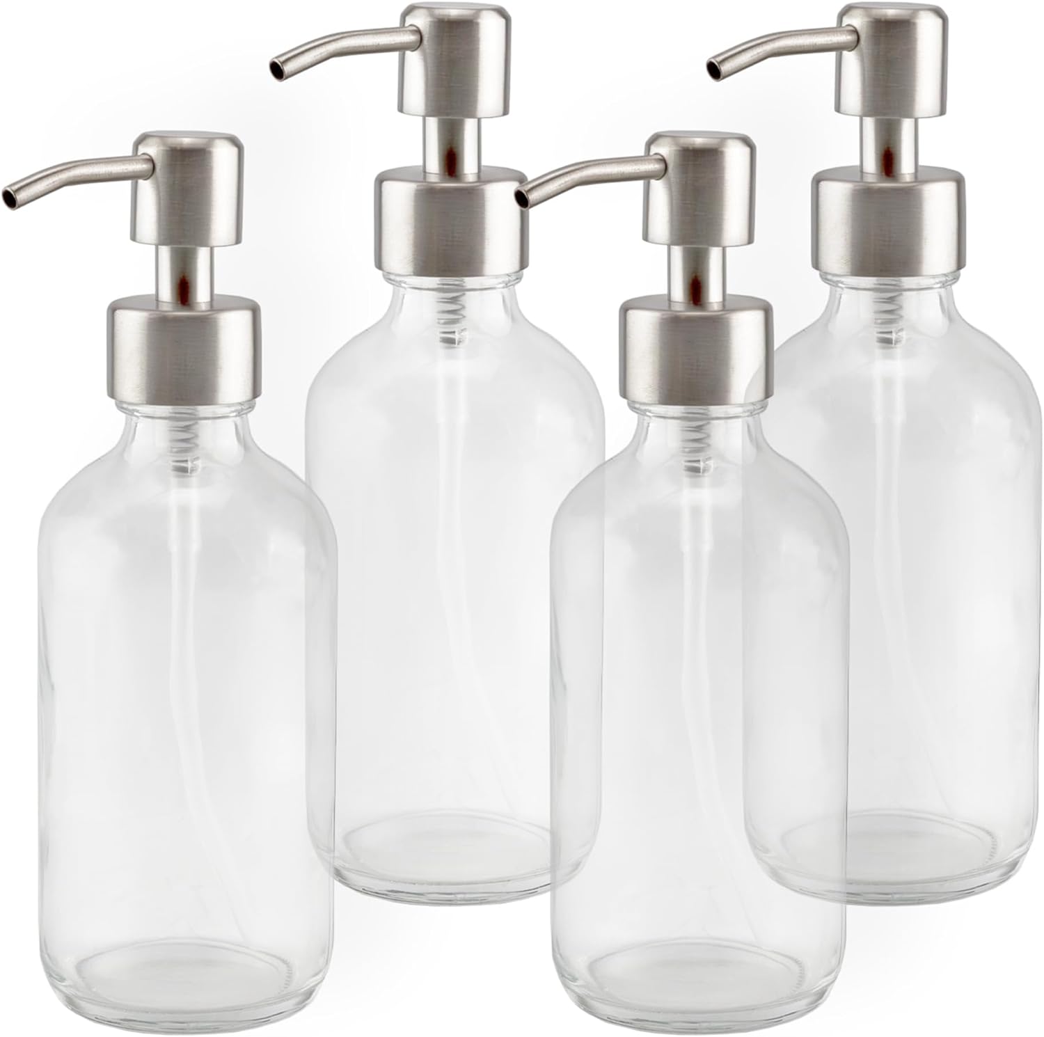 Cornucopia Brands 8-Ounce Clear Glass Boston Round Bottles w/Stainless Steel Lotion Pumps (4-Pack);