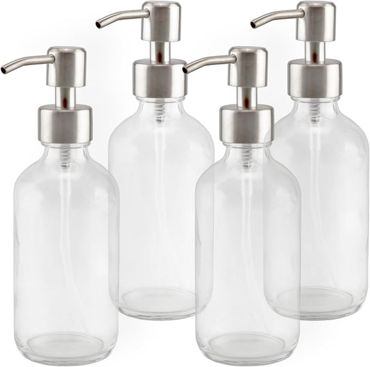 Cornucopia Brands 8-Ounce Clear Glass Boston Round Bottles w/Stainless Steel Lotion Pumps (4-Pack);