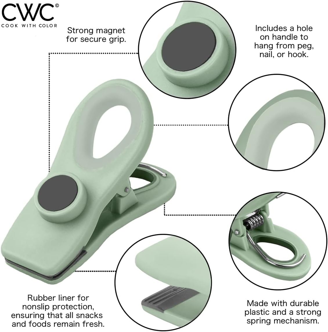 COOK WITH COLOR Bag Clips - Heavy Duty Chip Clip and Refrigerator Magnet Clips for Food Storage