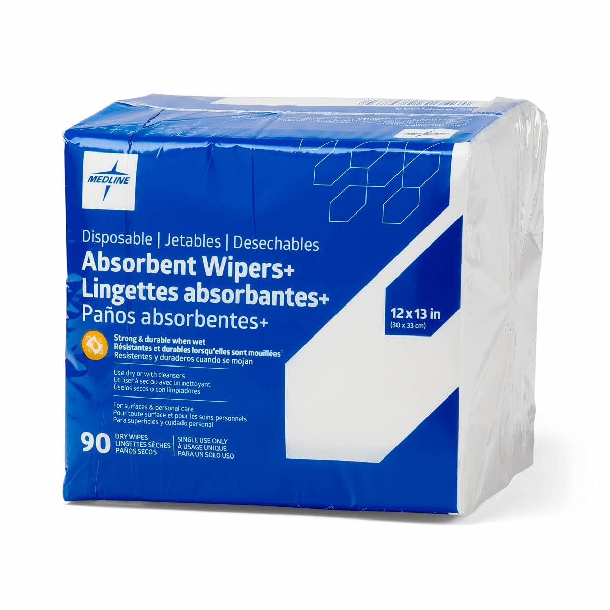 Medline Absorbent Wipers+ Disposable Heavy Duty Dry Wipes, 12" x 12" (90 Count), Use Wet or Dry