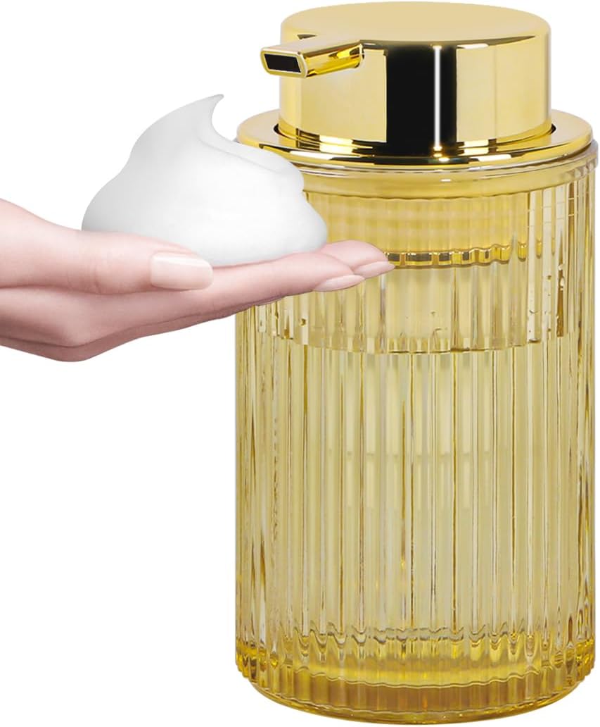 Amber Foaming Soap Dispenser, Glass Foam Hand Soap Dispenser with Gold Pump, 11 Oz Bathroom