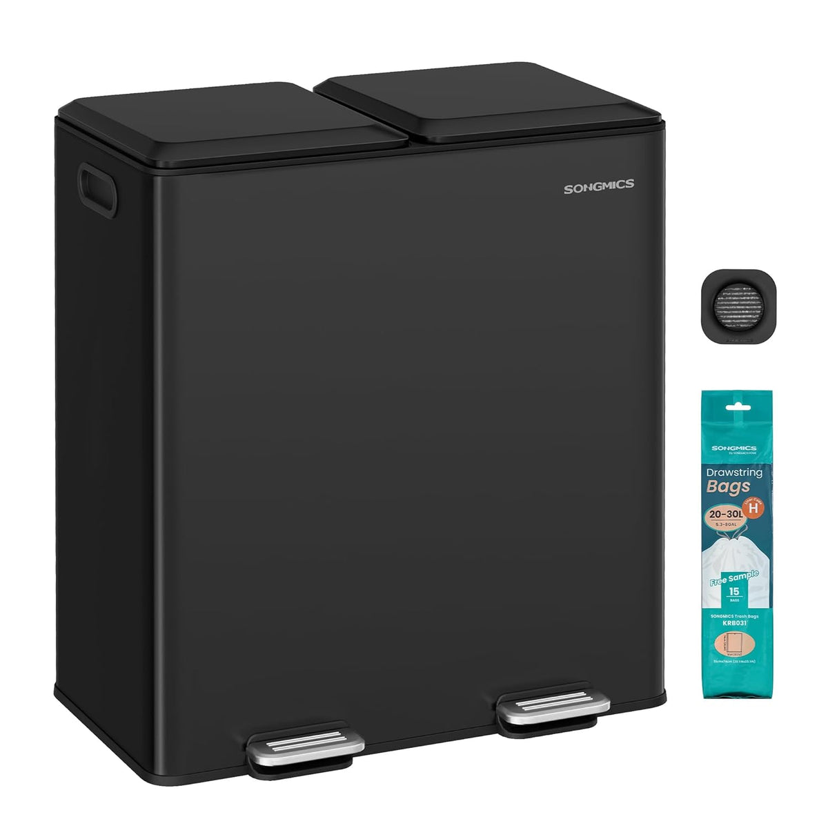 SONGMICS Trash Can, 2 x 8 Gallon (2 x 30 L) Double Garbage Can with Soft-Close Lids, Removable