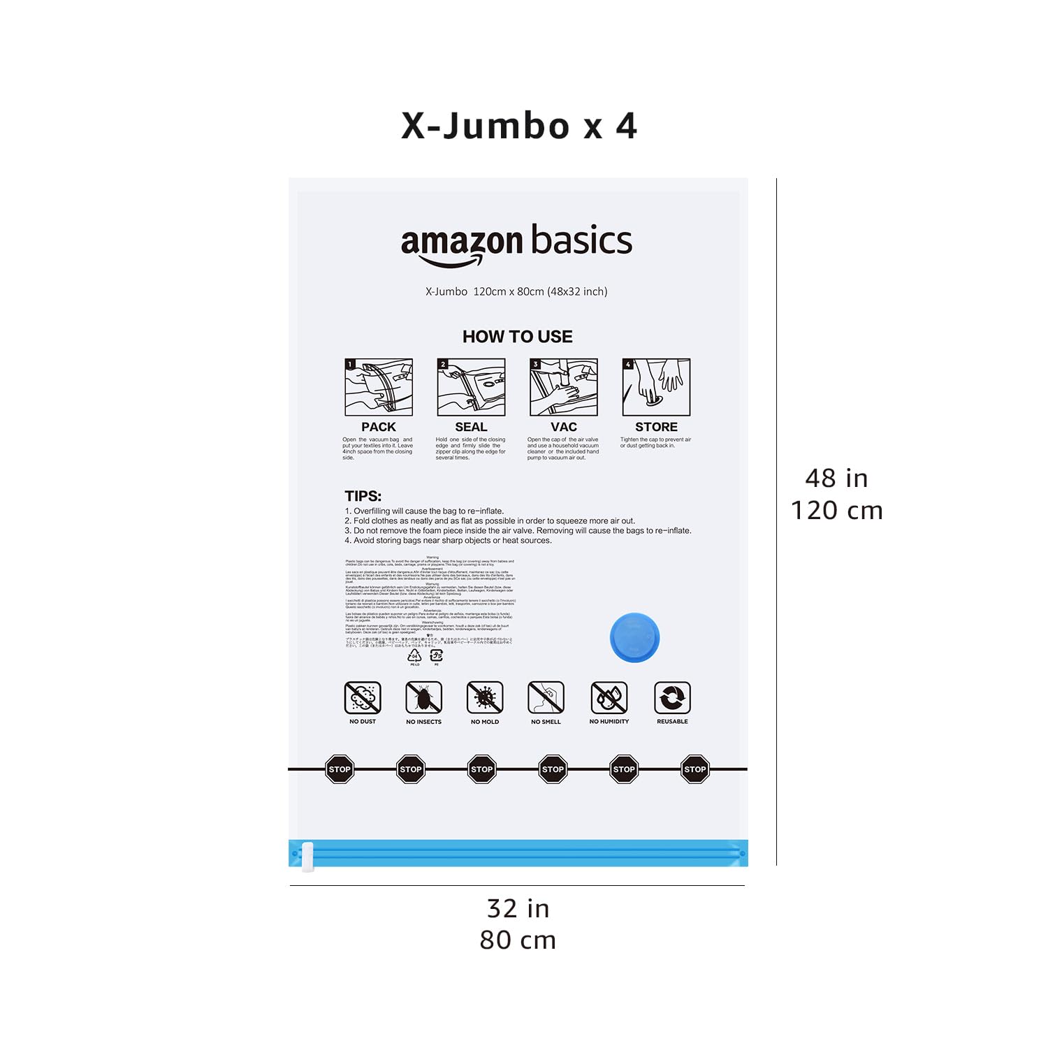 Amazon Basics Vacuum Storage Bags for Blankets, Vacuum Compression Space Saving Storage Bags with