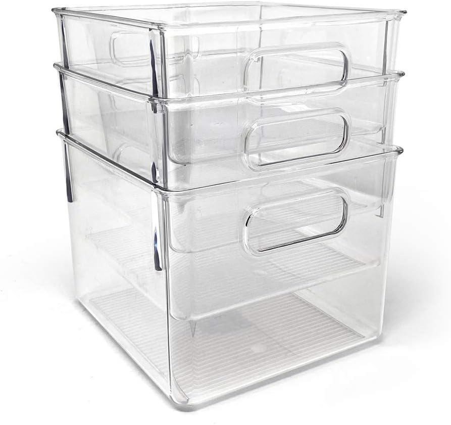 Isaac Jacobs 3-Pack Medium Clear Storage Bins with Handles, Plastic Organizer for Home or