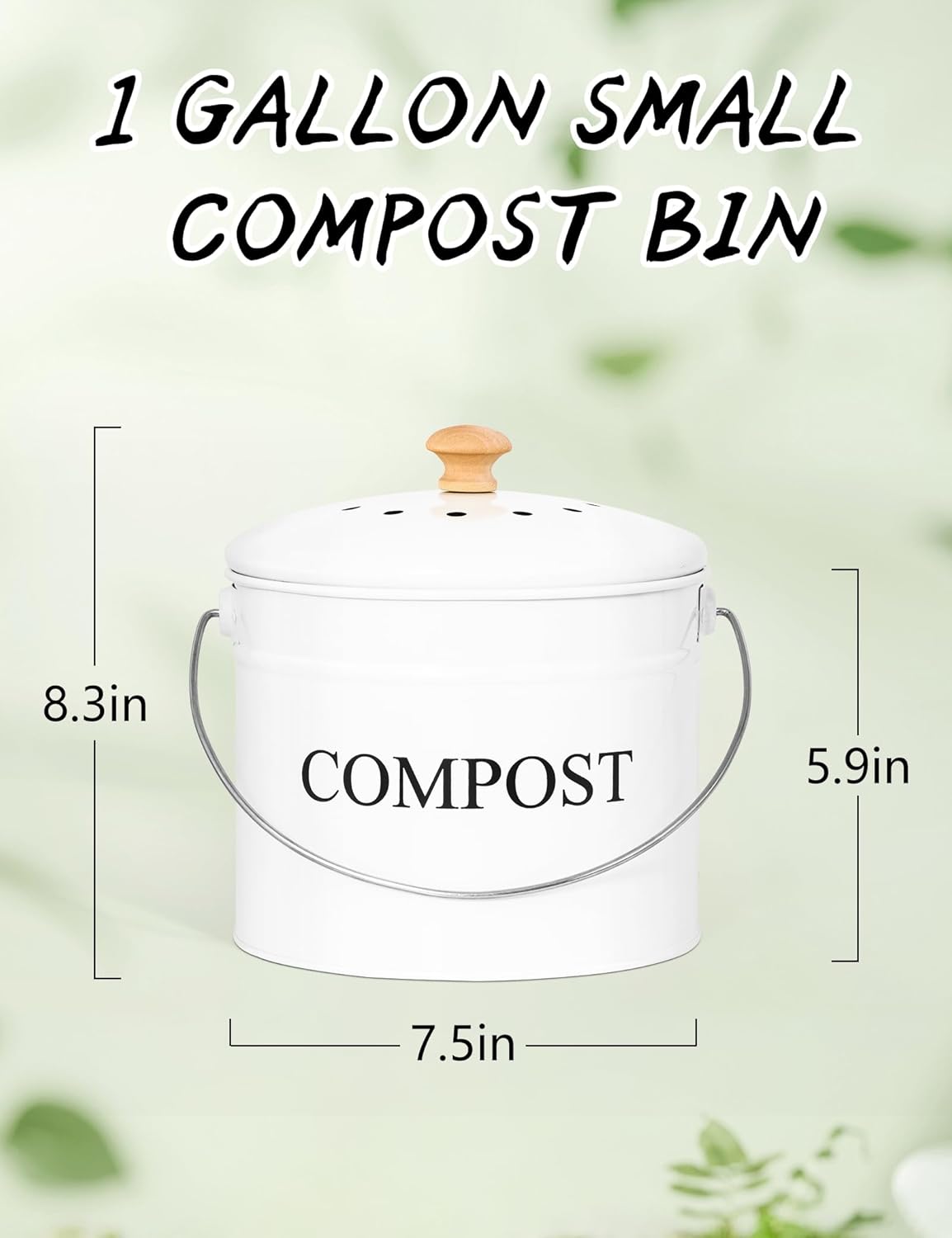 Compost Bin - 1 Gallon Countertop Composter with Lid, Charcoal Filters, Rust Proof Indoor Food