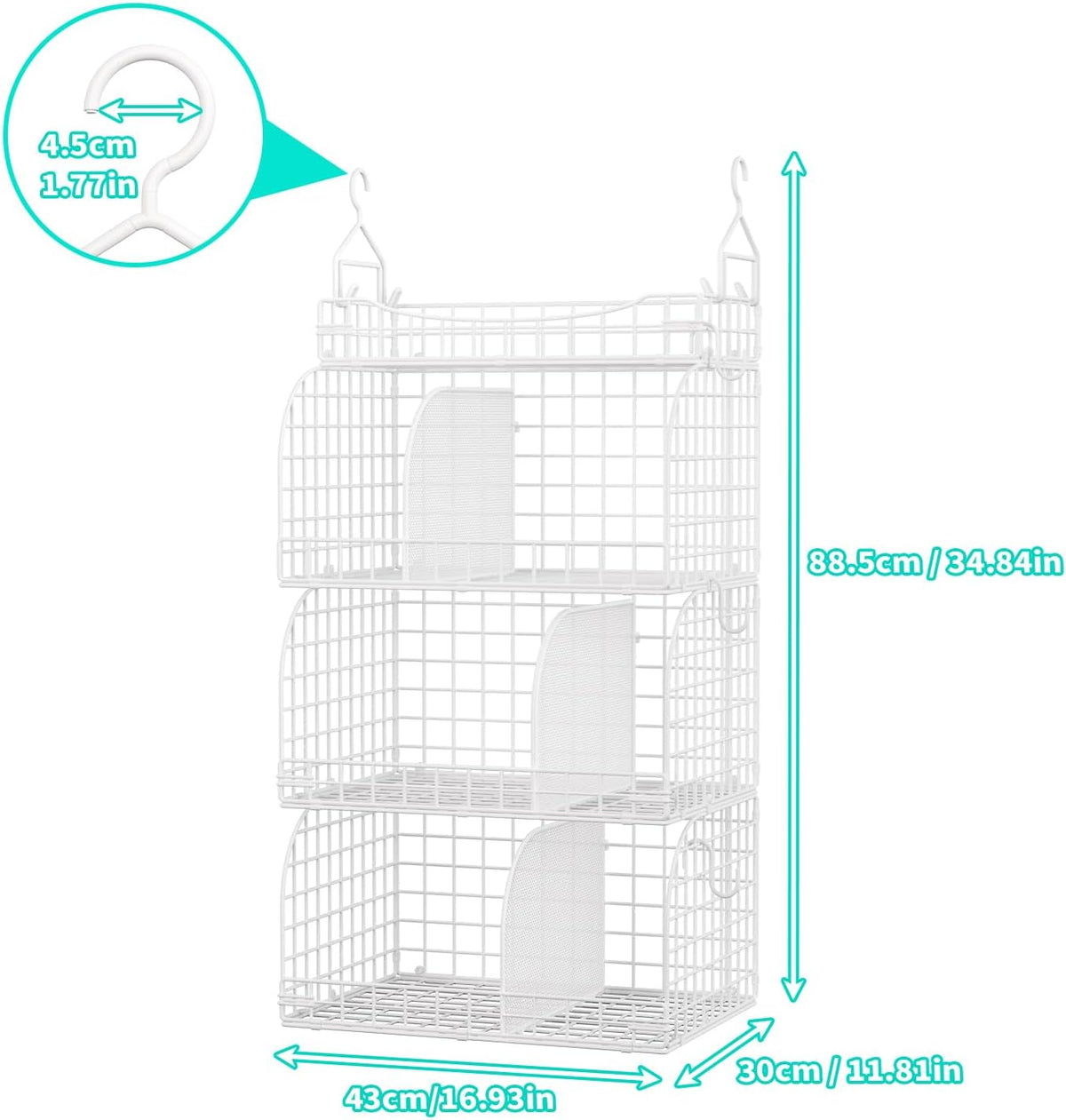 HapiRm Hanging Closet Organizer Storage - 3 Tier Metal Stackable Hanging Closet Shelves with