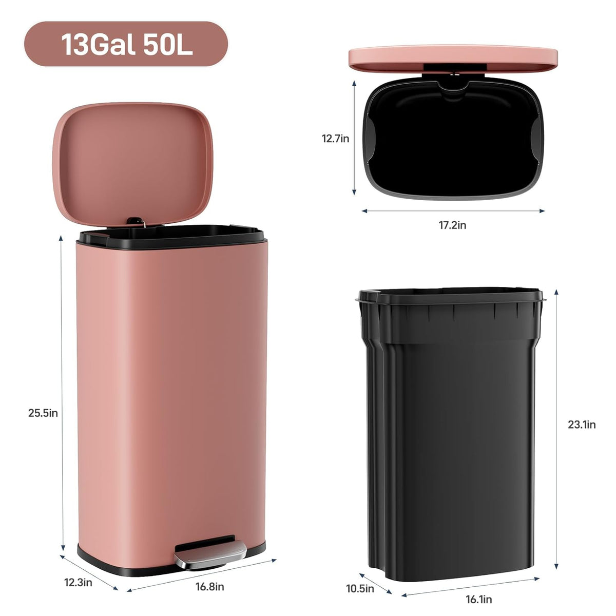 Arlopu 8/13.2 Gallon Step Trash Can, Stainless Steel Garbage Bin, Soft-Close Rubbish Bin with