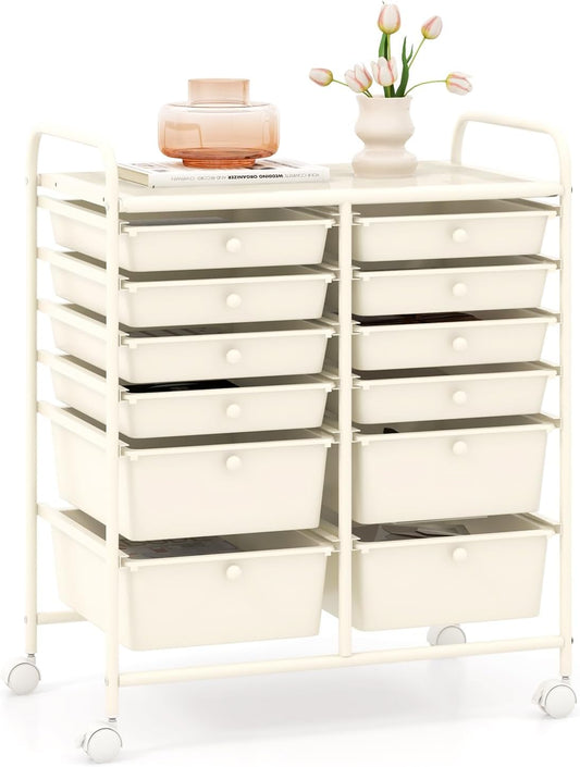 GOFLAME 12-Drawer Rolling Storage Cart, Multipurpose Organizer Cart with 2 Sizes Plastic Drawers
