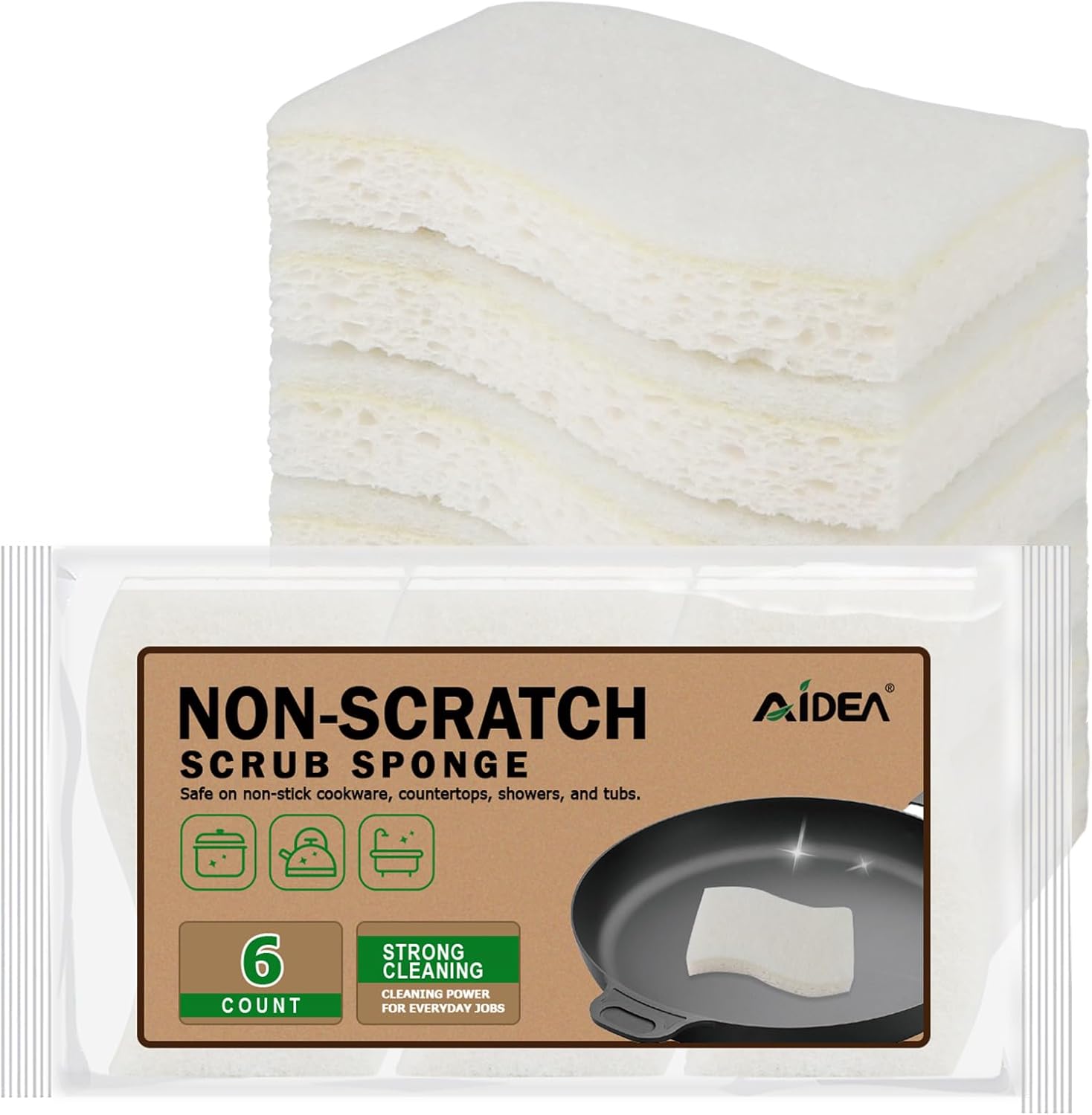 AIDEA Non-Scratch Scrub Sponge-6Count, Sponges Kitchen, Natural Sponge for Non-Stick Cookware