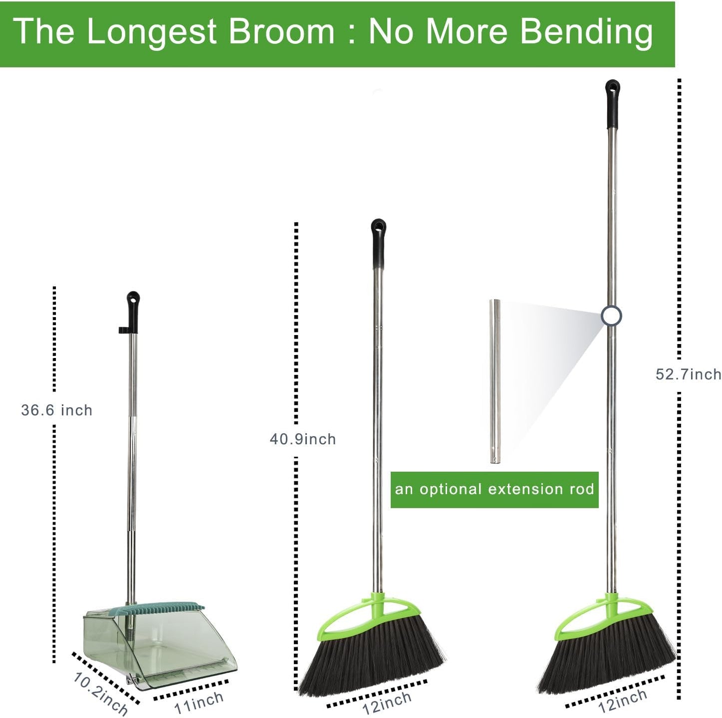 Soft Bristles Green Angle Broom and Dustpan Set, Long Handle Household Indoor Broom with Dustpan