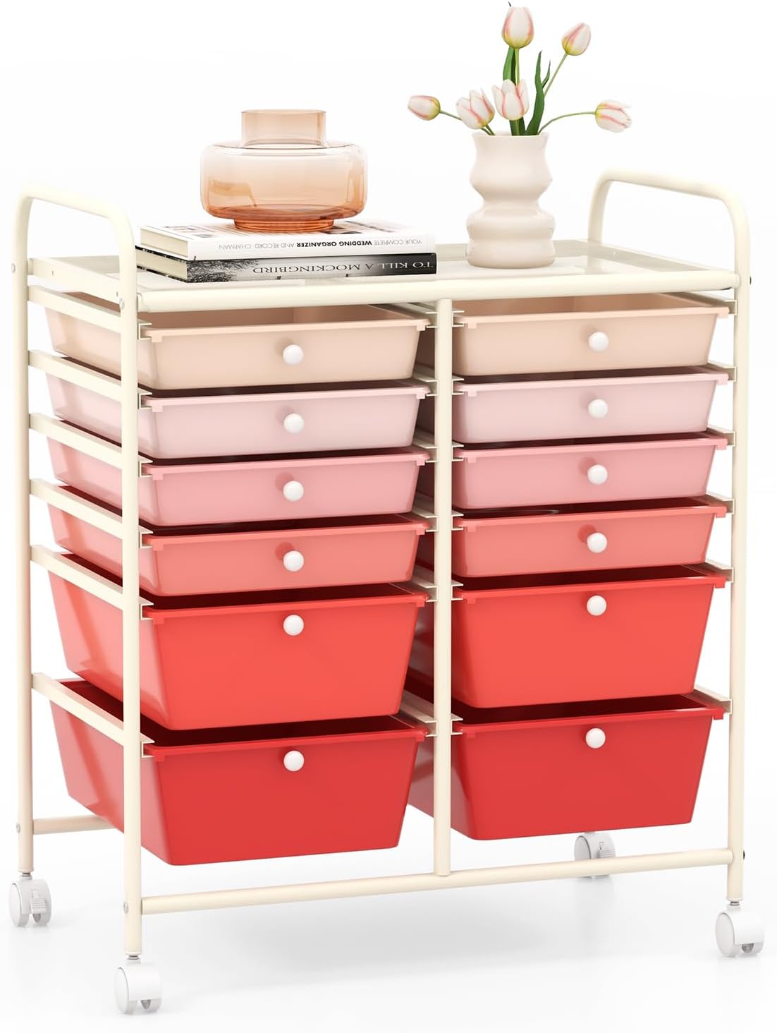 GOFLAME 12-Drawer Rolling Storage Cart, Multipurpose Organizer Cart with 2 Sizes Plastic Drawers