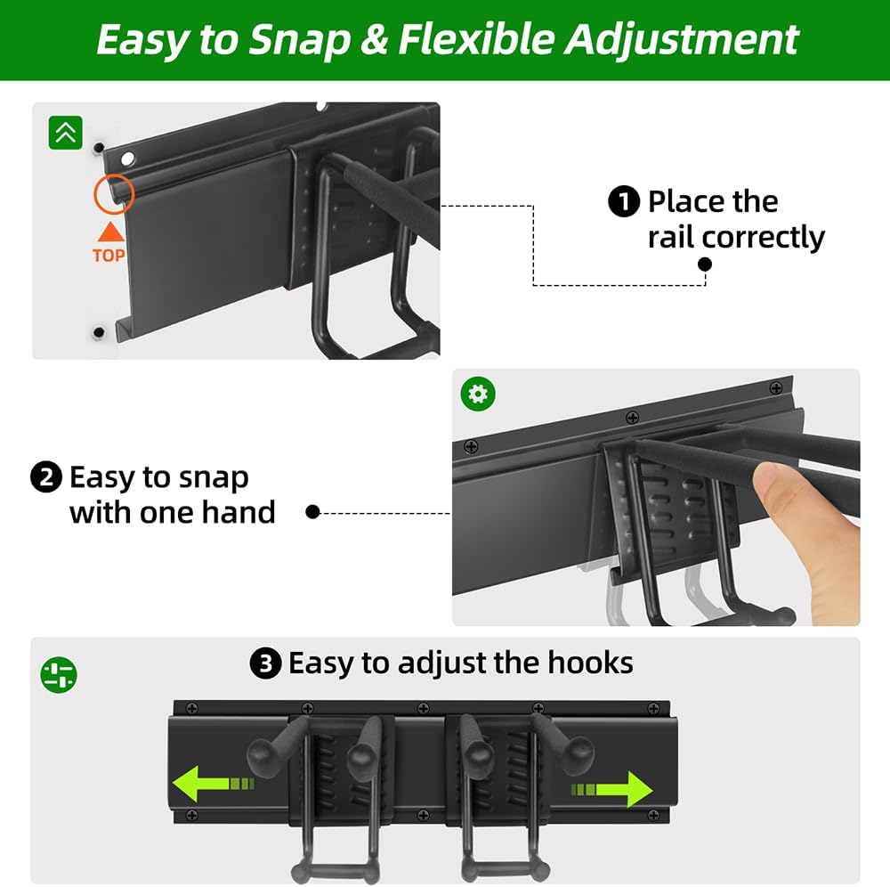 Garage Tool Organizer Wall Mount with 48 inches Rails and 6 Double-layer Hooks, Garden Tool Rack
