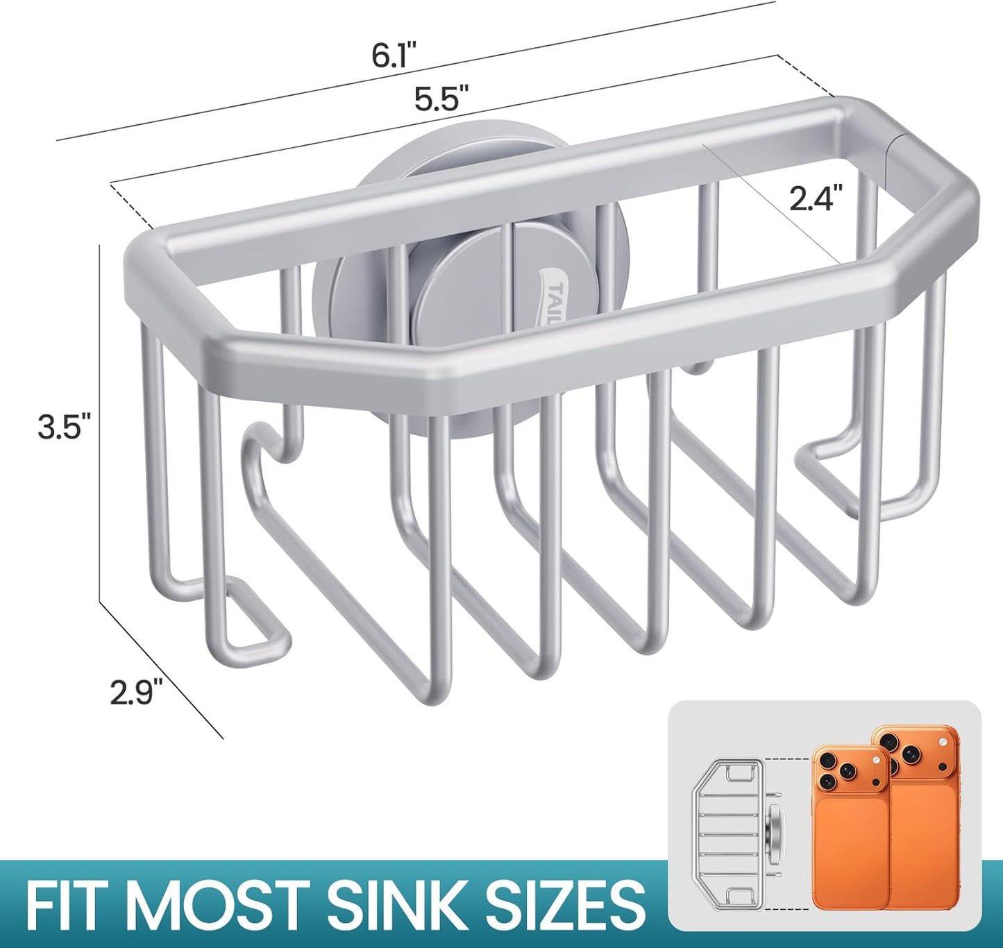 TAILI Sponge Holder for Kitchen Sink with Strong Suction Cup, Rustproof Aluminum Sink Caddy for