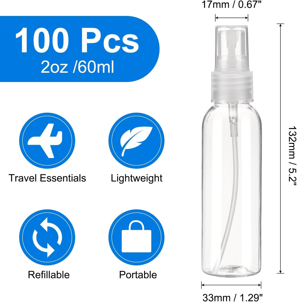uxcell 100Pack Spray Bottles, 2Oz/60ML Reusable Clear Empty Mist Plastic Mini Travel Bottle