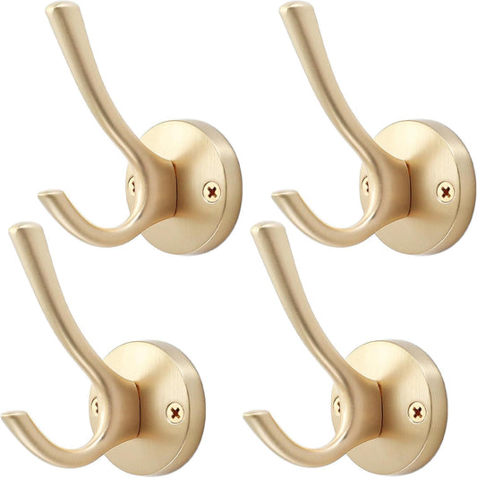 Gold Hat and Coat Hooks, 4 Pack Heavy Duty Coat Robe Hook, Metal Double Backpack Hook Wall Mounted