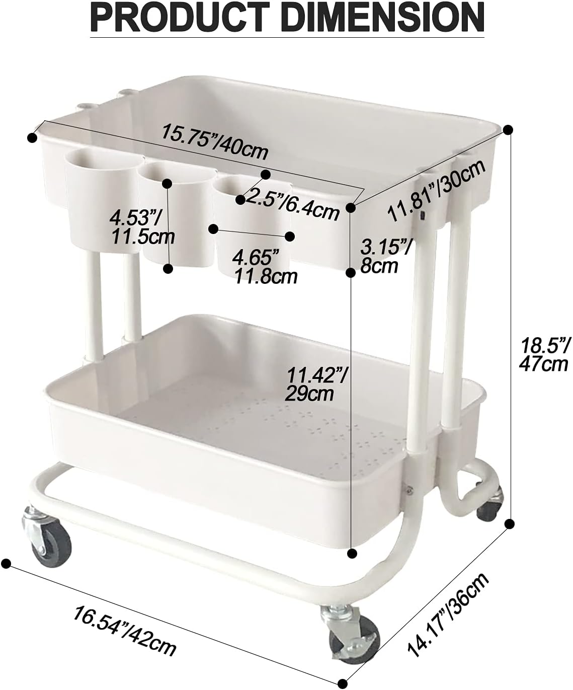 2-Tier Utility Rolling Cart Storage Sofa Side Table with Wheels, Mobile Trolley Organizer with for