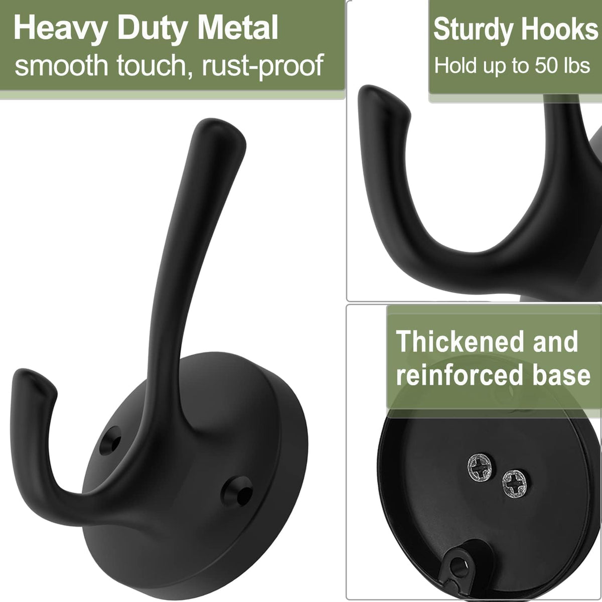Black Towel Hooks, 2 Pack Coat Robe Hook Heavy Duty Metal Double Bathrobe Hook Wall Mounted, Hand