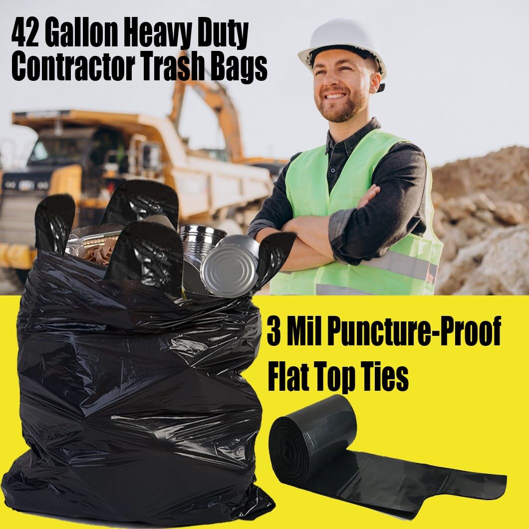 Contractor Heavy Duty Trash Bags 42 Gallon | 26 Count | 3 MIL | 32.8" X 46" | Large Black Flap Tie