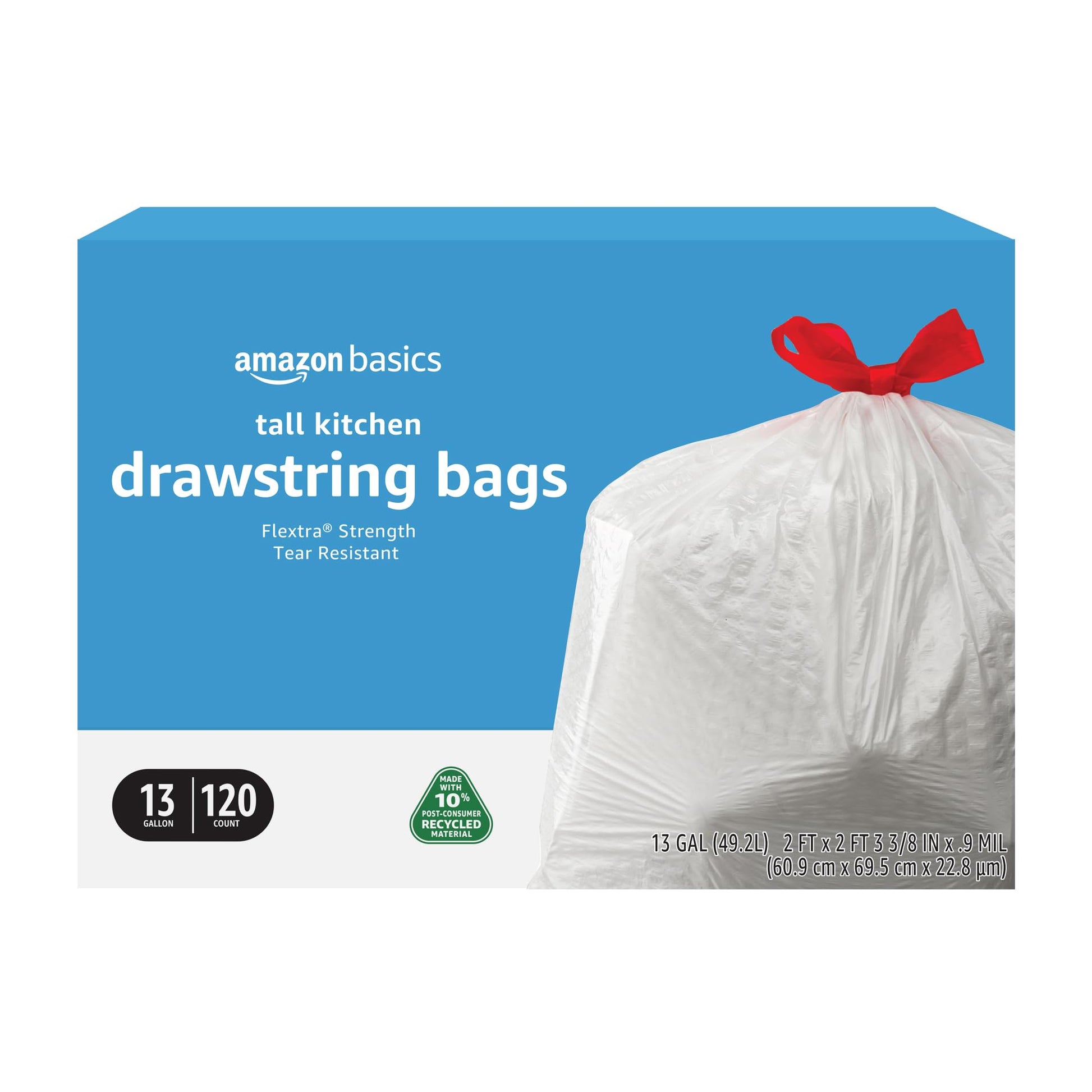 Amazon Basics 13 Gallon Tall Kitchen Drawstring Trash Bags, Flextra Strength, Tear Resistant, 10%