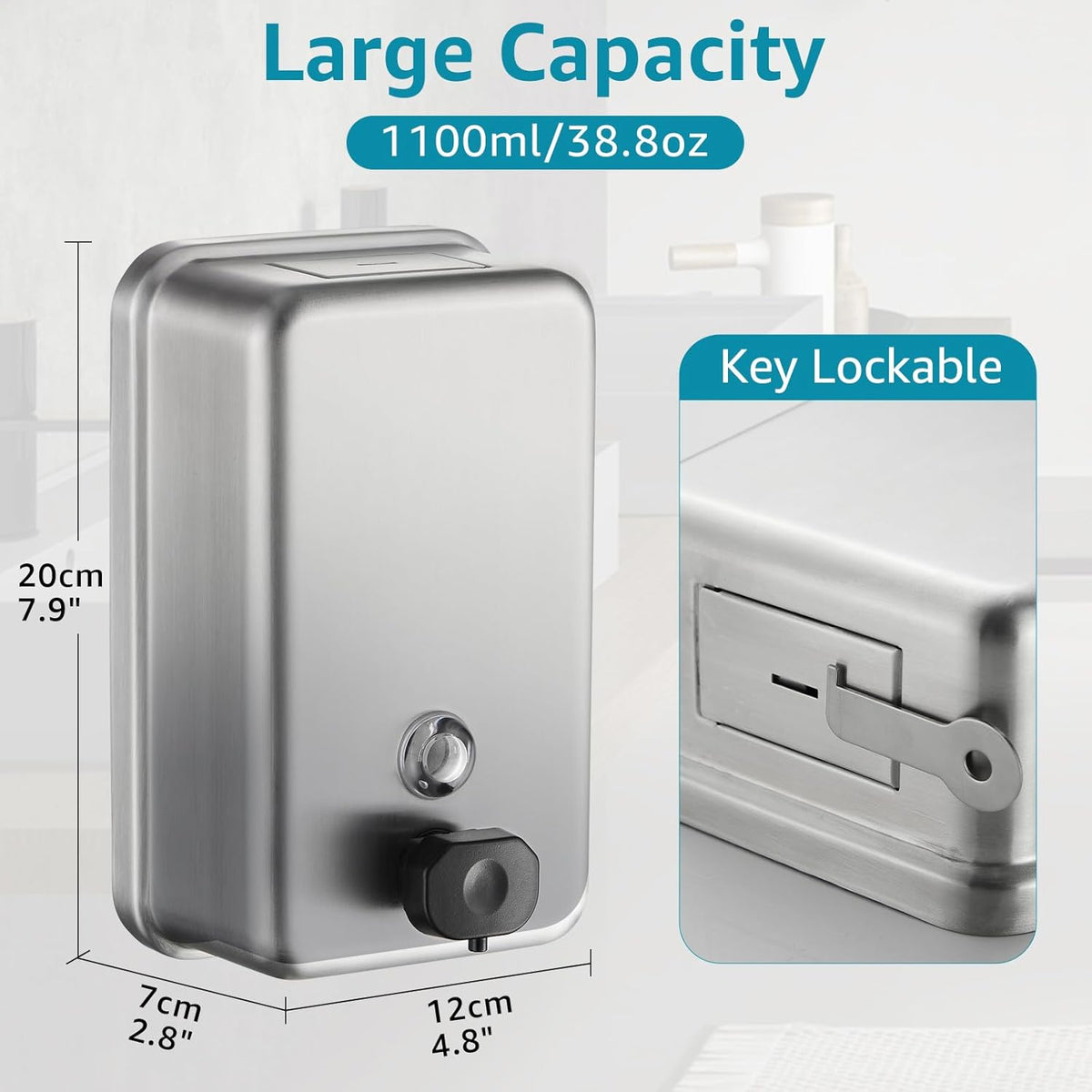 Commercial Wall Mount Soap Dispenser - Stainless Steel Bathroom Hand Soap 38.8oz Liquid - Anti-Leak