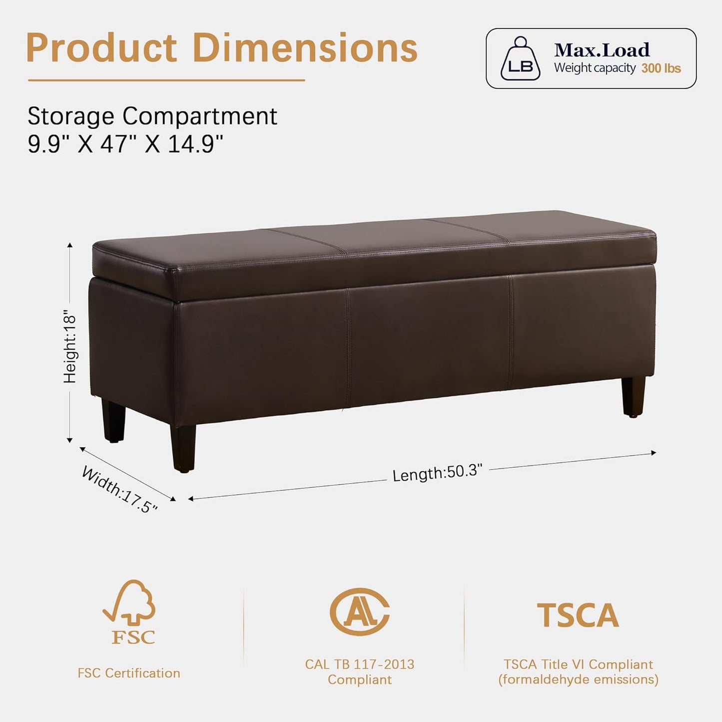 HUIMO Faux Leather Storage Ottoman Bench 50.3 Inch Extra Long PU Upholstered Bedroom Bench with