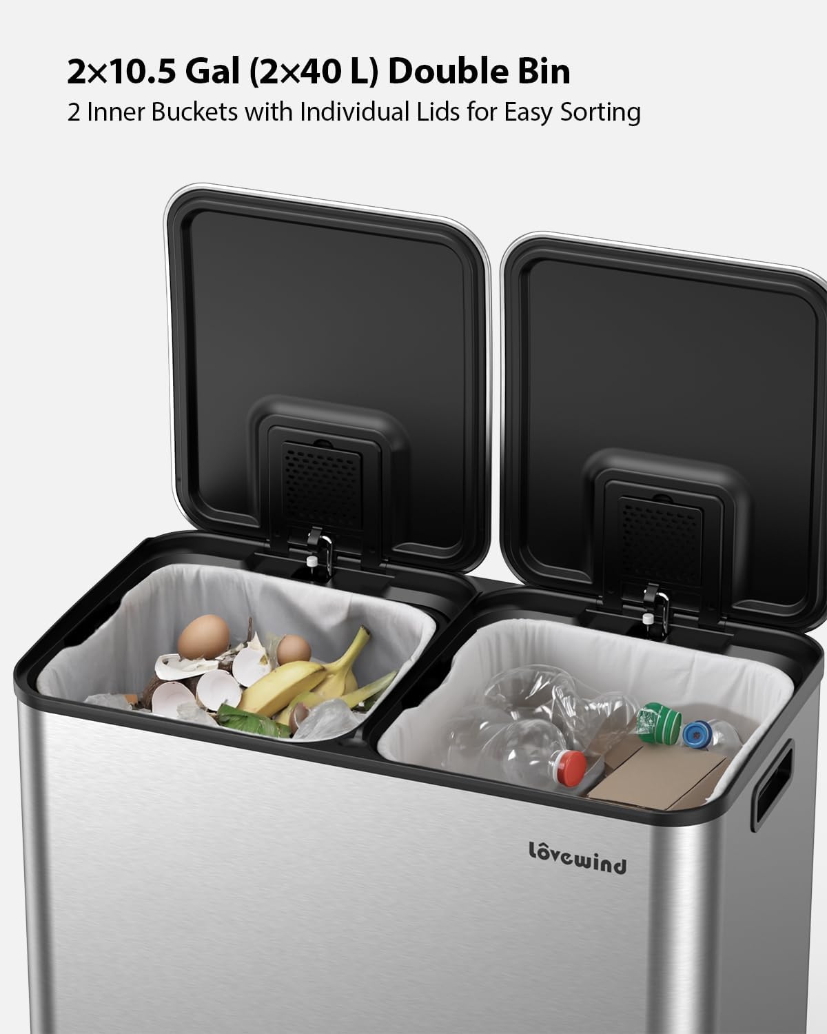 Lovewind Trash Can, 2 x 10.5 Gallon (2 x 40 L) Garbage Can for Kitchen Dual Compartment Recycling