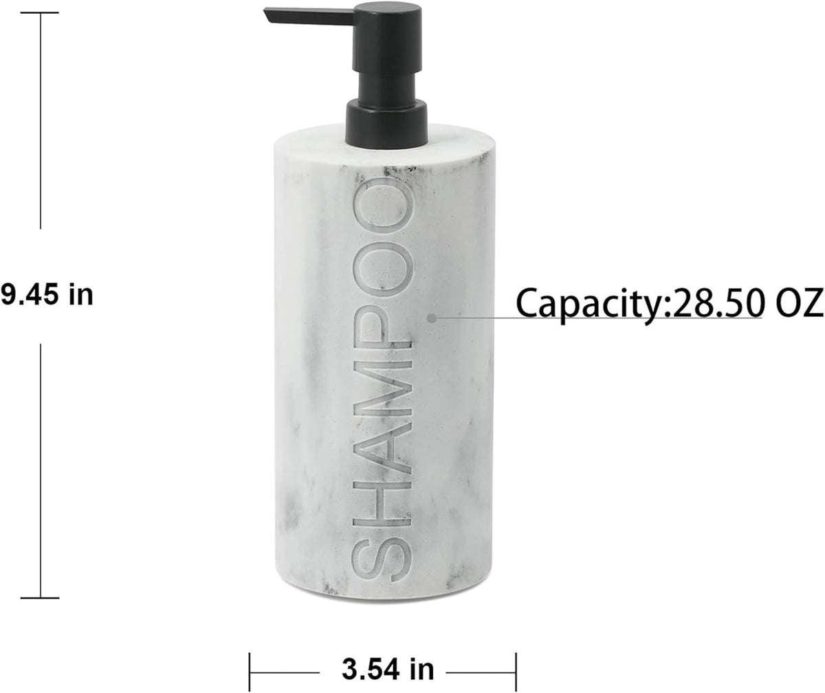 Matte White Shampoo Dispenser Modern Refillable Pump Bottle with Embossed Text, Durable Resin