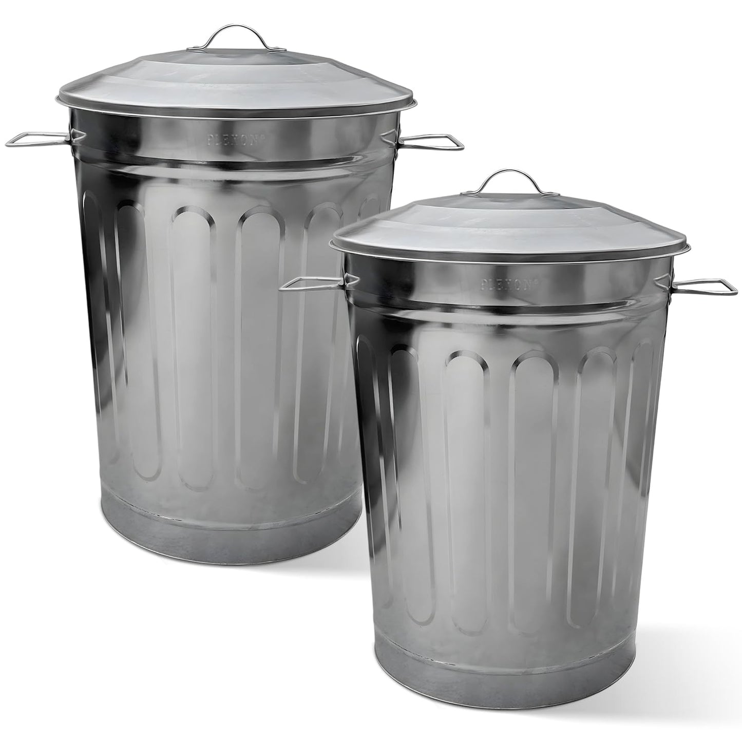 Plexon 2 Pack 13-Gallon Galvanized Steel Round Trash Can with Lid, Indoor and Outdoor Use, Durable