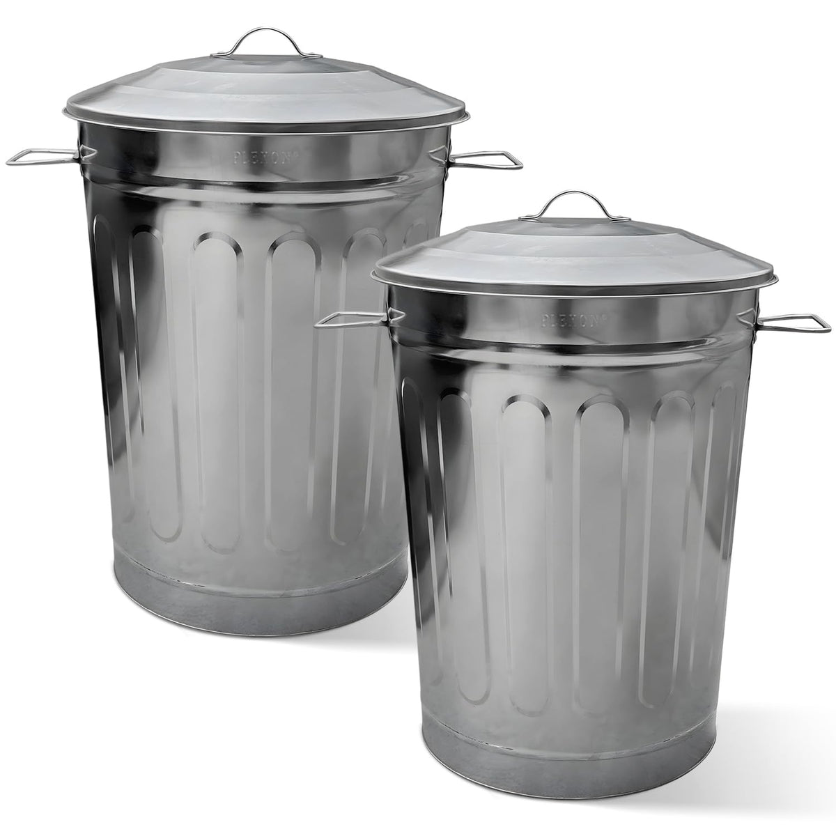 Plexon 2 Pack 13-Gallon Galvanized Steel Round Trash Can with Lid, Indoor and Outdoor Use, Durable