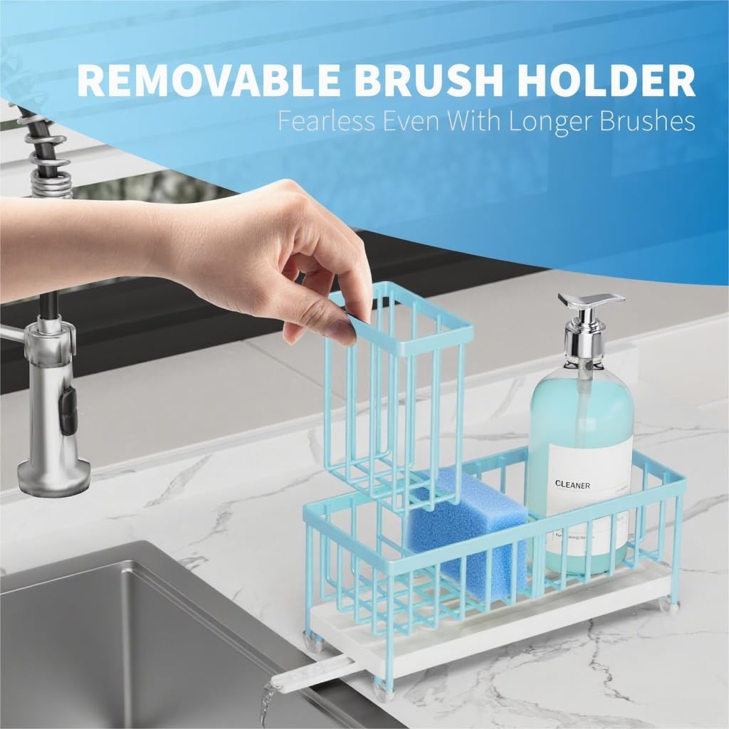 Cisily Blue Sponge Holder for Kitchen Sink, Sink Caddy Organizer with High Brush Holder, Kitchen