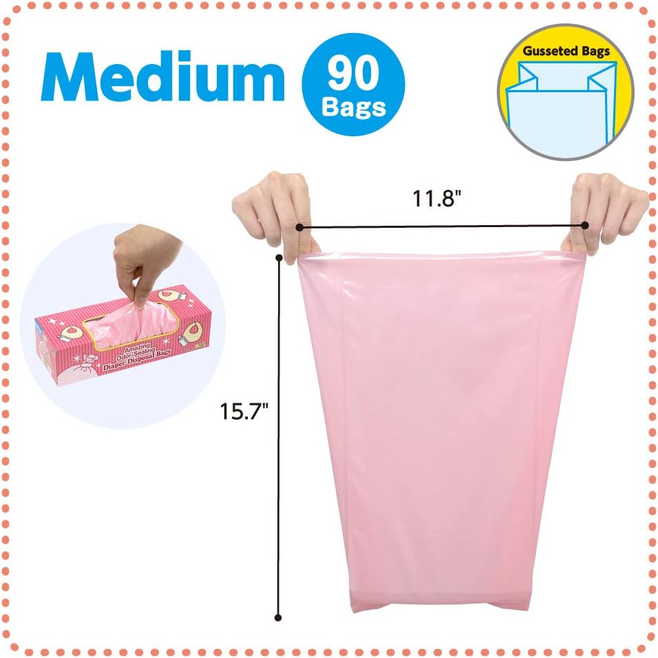 BOS Amazing Odor Sealing Baby Diaper Disposal Bags - Durable and Unscented [Size: M, Color: Pink]