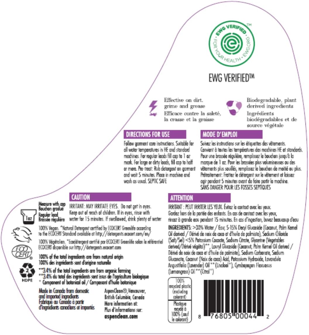 AspenClean Natural Laundry Detergent Lavender & Lemongrass - 100% Natural, Organic, HE Liquid