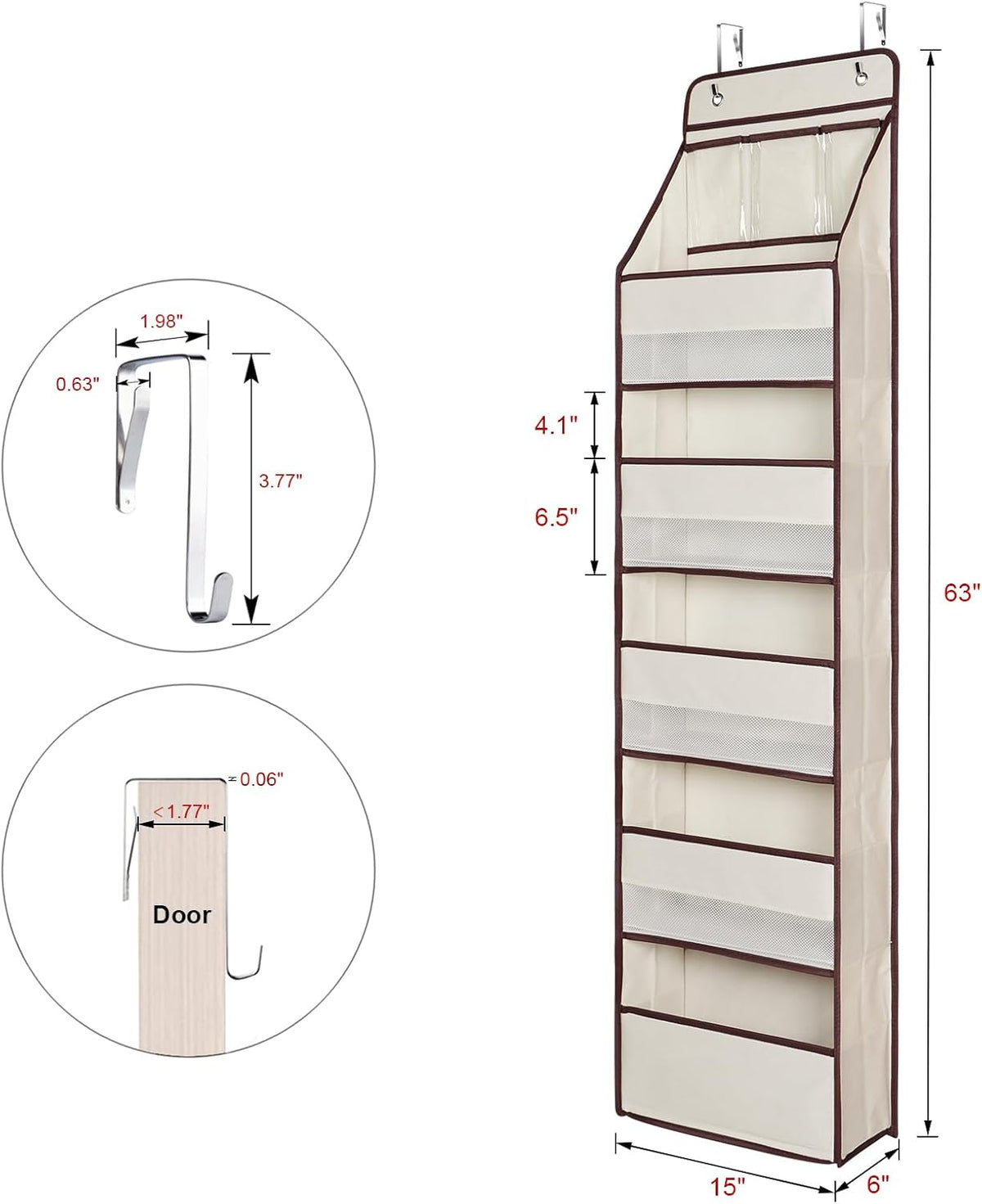 Univivi 6-Shelf Over Door Hanging Organizer Fabric Baby Door Storage with 5 Large Pockets and 3