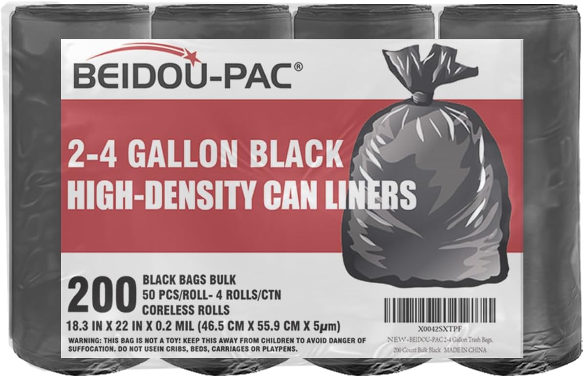2-4 Gallon Trash Bags, 200 Count Black Garbage bags, Small Trash Can Bin Liners for Bathroom