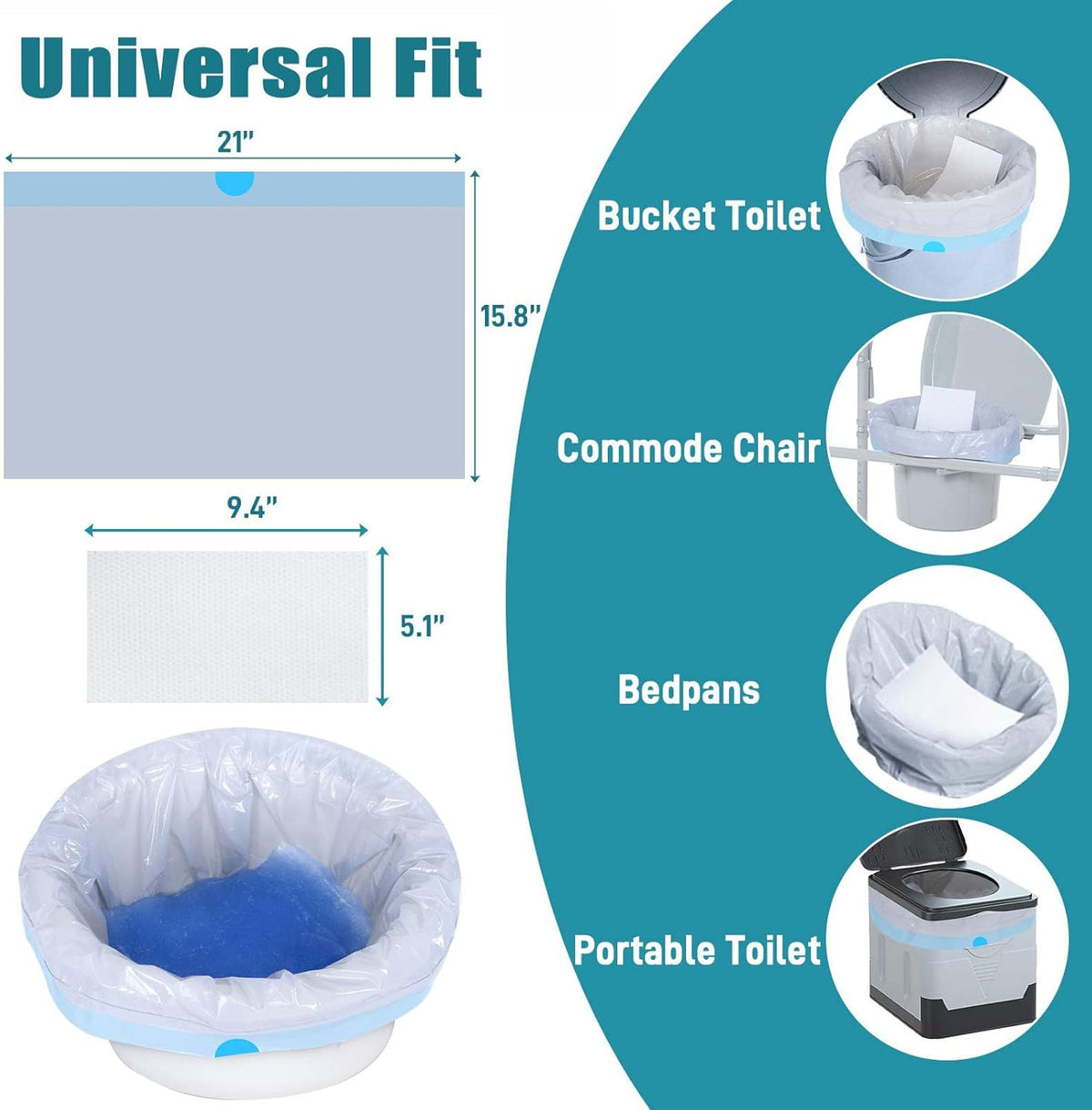 Commode Liners with Absorbent Pads- 50 Commode Bags+ 50 Commode Pads, Extra Thicken Commode Toilet