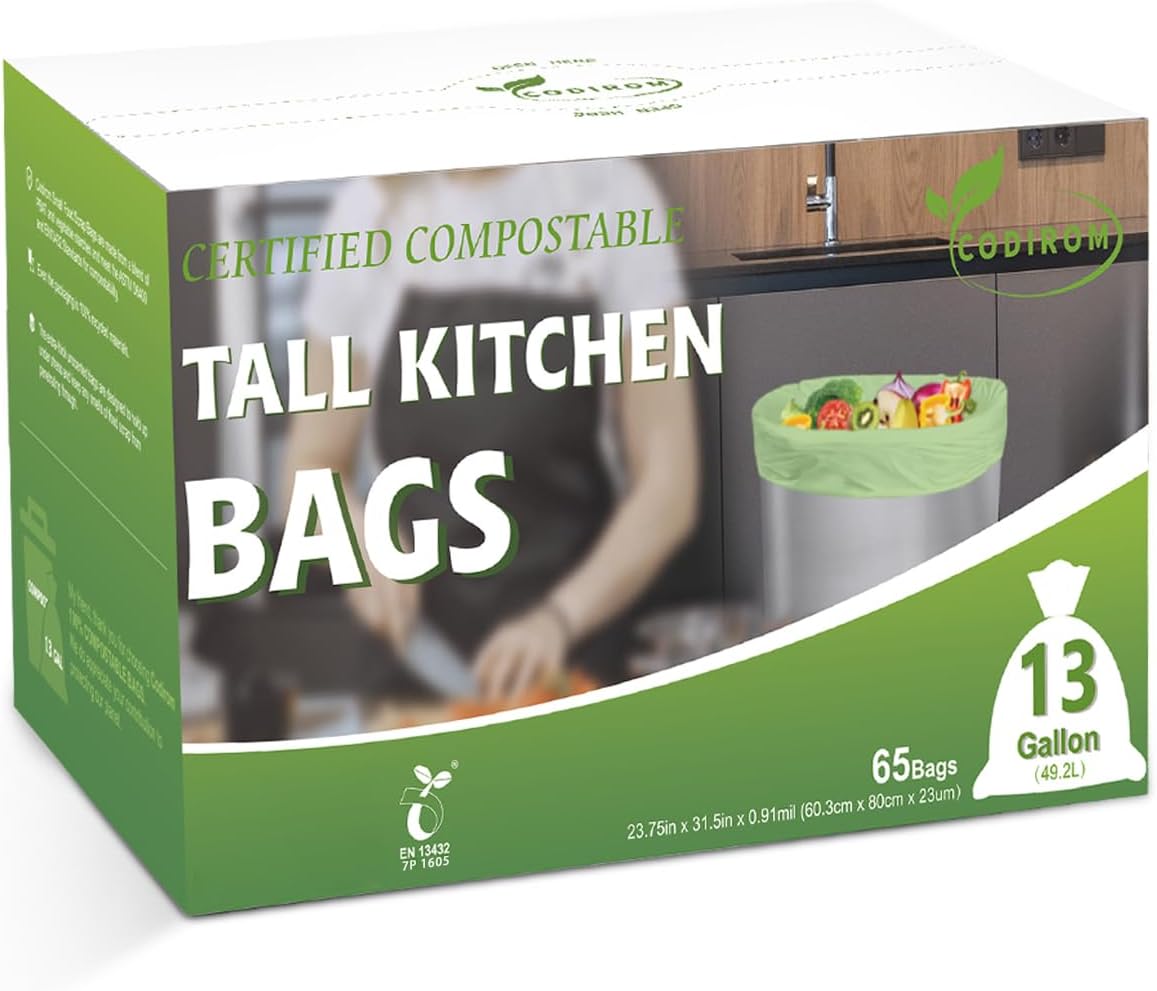 100% Compostable Trash Bags, 13 Gallon, 49.2 Liter, 0.91 Mils, 65 Count Kitchen Tall Food Scrap