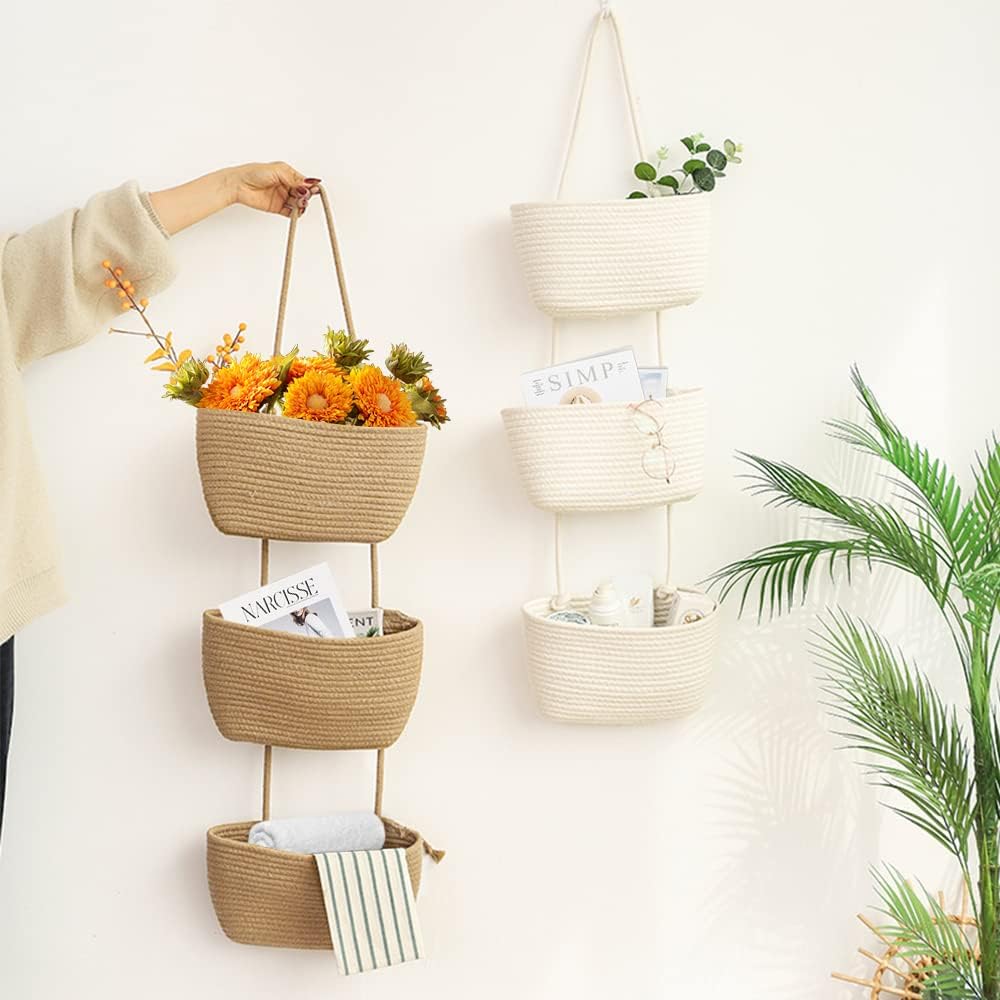 TeoKJ Over the Door Hanging Basket, 3-Tier Woven Cotton Wall-Mounted Storage Organizer Bag