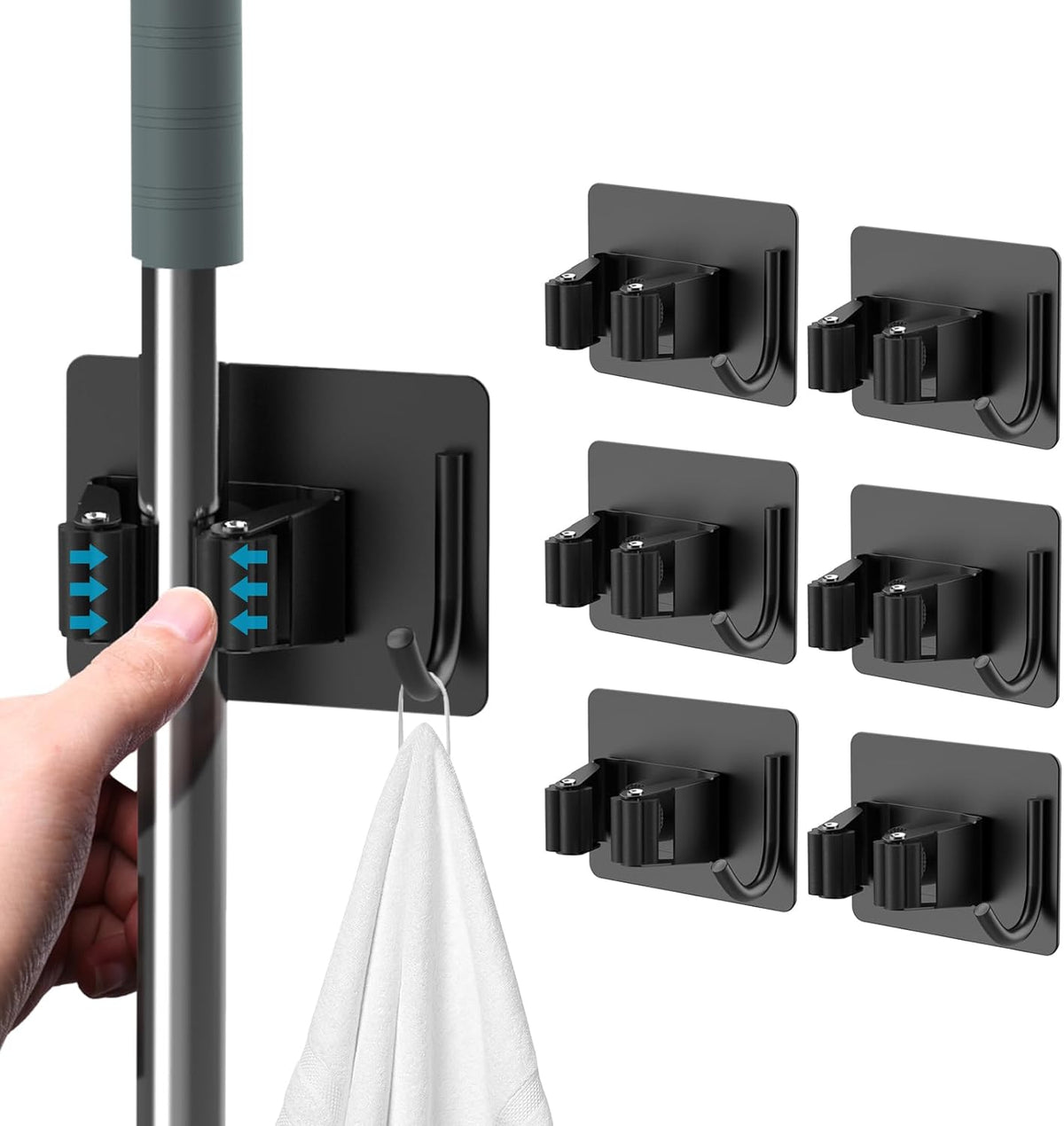 Mop Broom Holder No Drill, Mop Broom Organizer Wall Mounted Heavy Duty with Hooks Hanger, Self