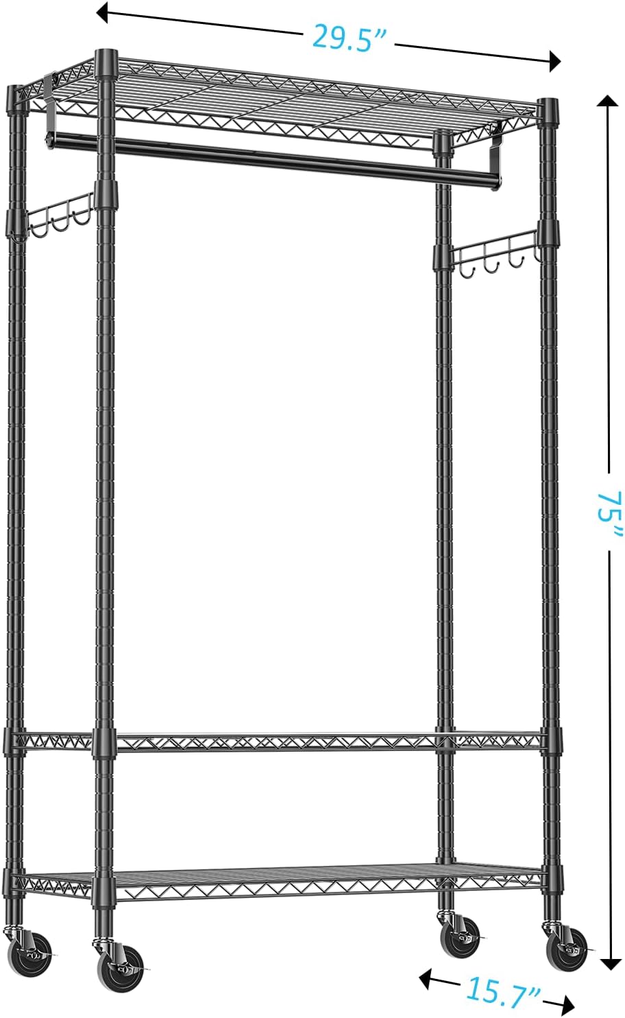 IZEUK Heavy Duty Rolling Garment Rack with 3 Adjustable Wire Shelves, Hanging Rod & Side Hooks
