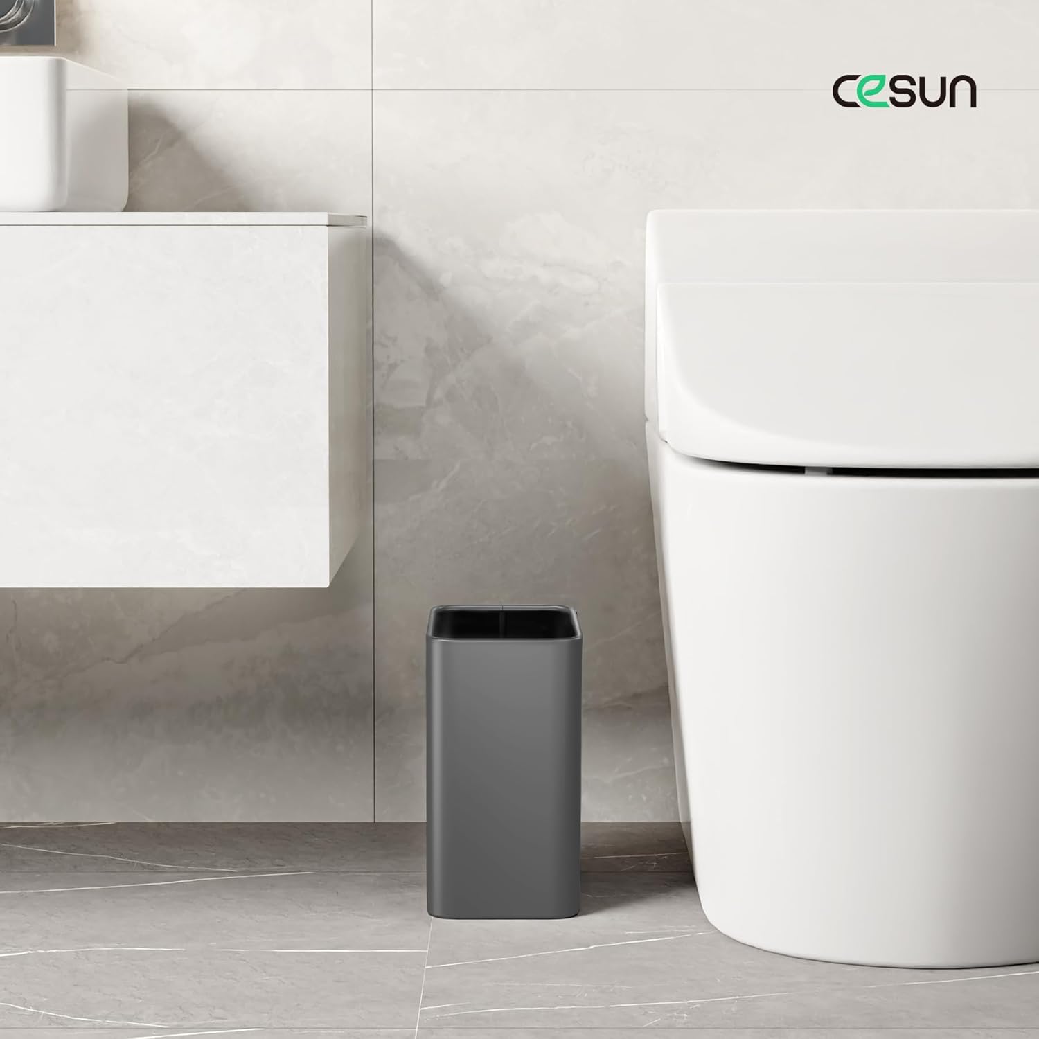 Cesun Small Bathroom Trash Can, 2.1 Gallons, Open-Top, Gray Metal, Stainless Steel, Modern, Ideal