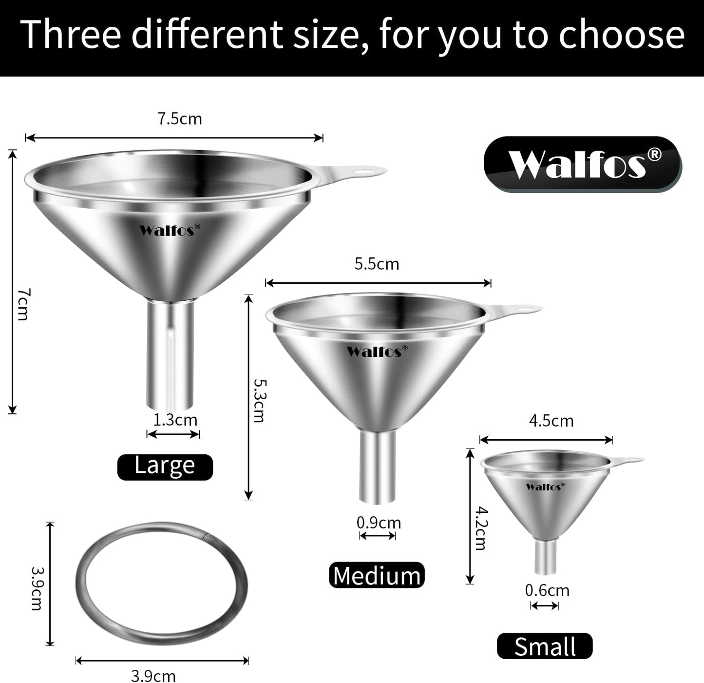 WALFOS Mini Stainless Steel Funnels, Multi-use Small Kitchen Funnel Set, for Transferring Liquid